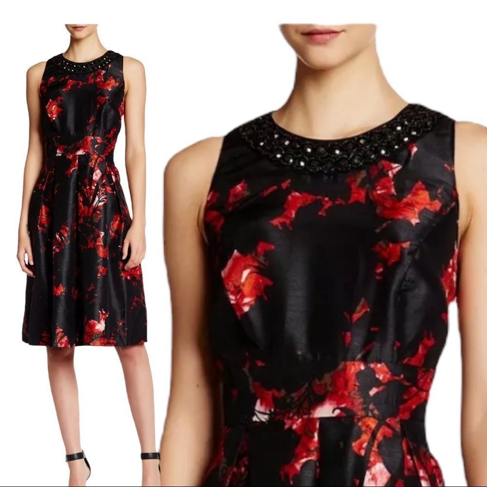 Sangria Black Red Floral Sleeveless Jeweled Neckline Dress